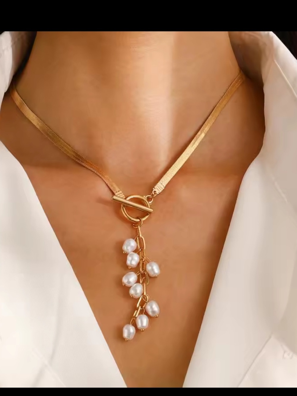 Gold Toggle Necklace with White Pearl Drops